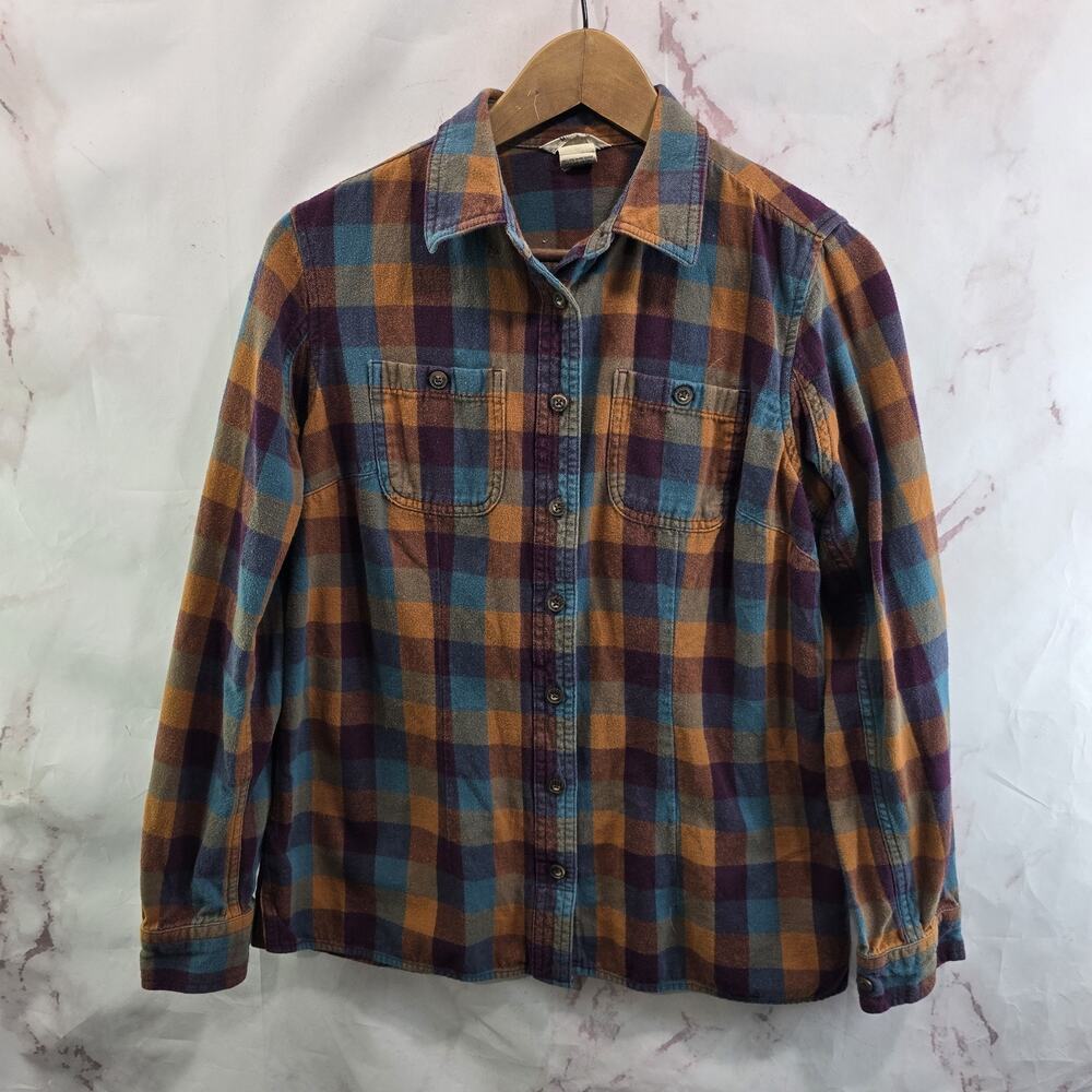 Duluth Shirt Womens Small Orange Purple Plaid Button Flannel Long Sleeve Buffalo